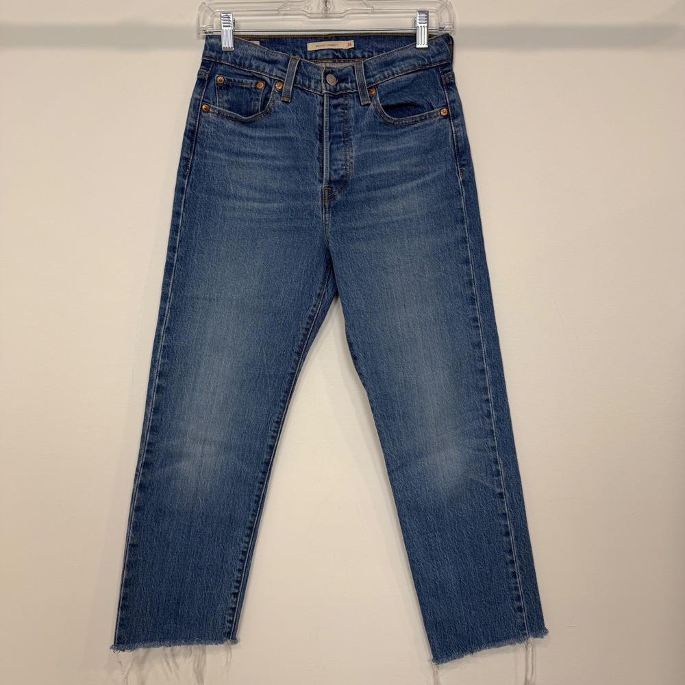 Levis Premium Wedgie Straight Jeans Blue High Rise Raw Hem Size 26